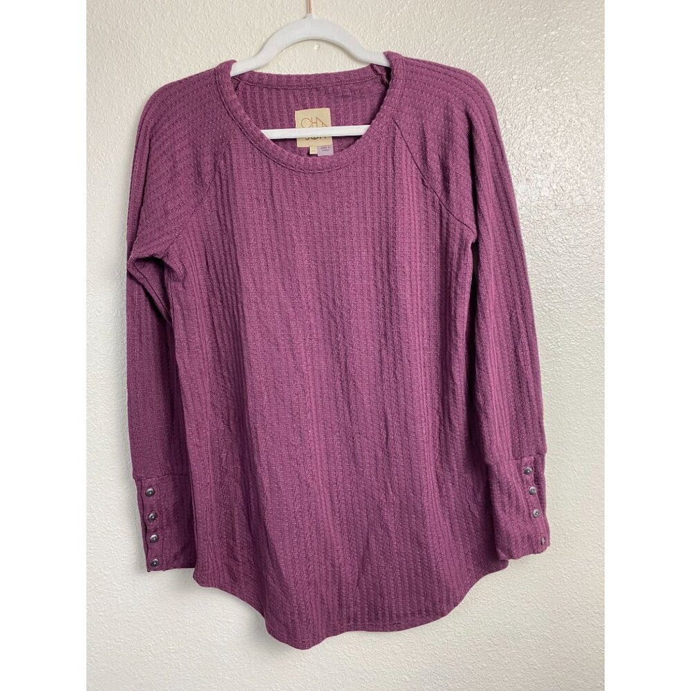 Chaser Womens Long Sleeve Thermal Sweater Size Medium Purple Waffle Knit Stretch